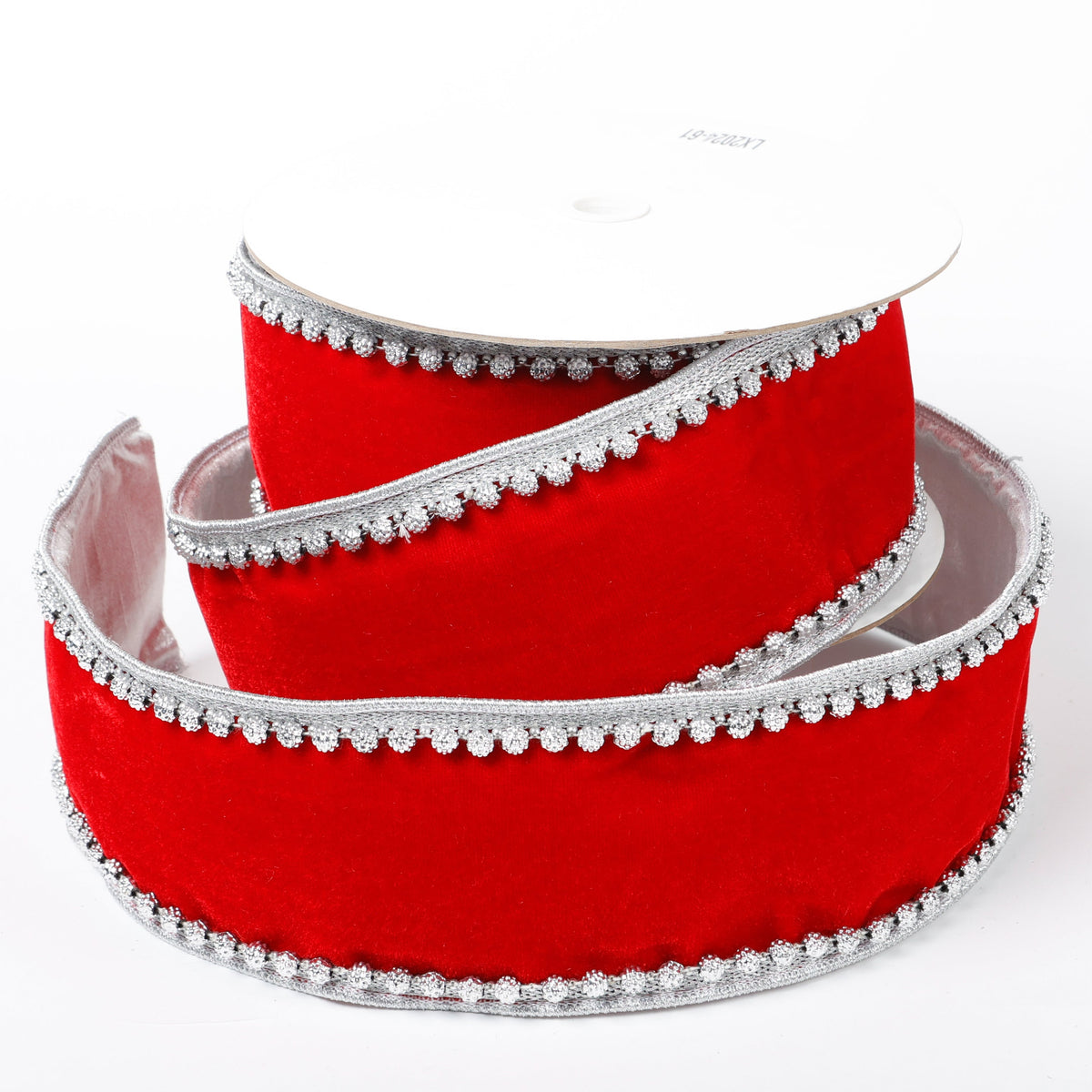 4" X 5 YDS RED VELVET SILVER EMBROIDERED EDGE DUPION BACKED RIBBON