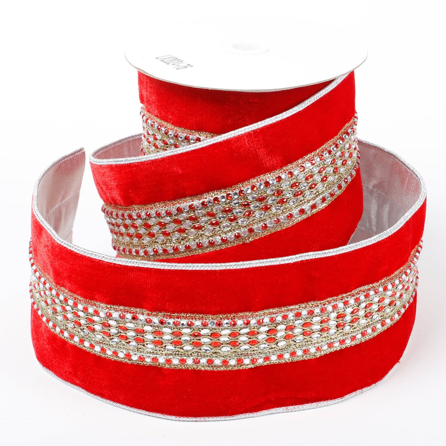 4" X 5 YDS RED VELVET BEADED SILVER DUPION BACKED RIBBON