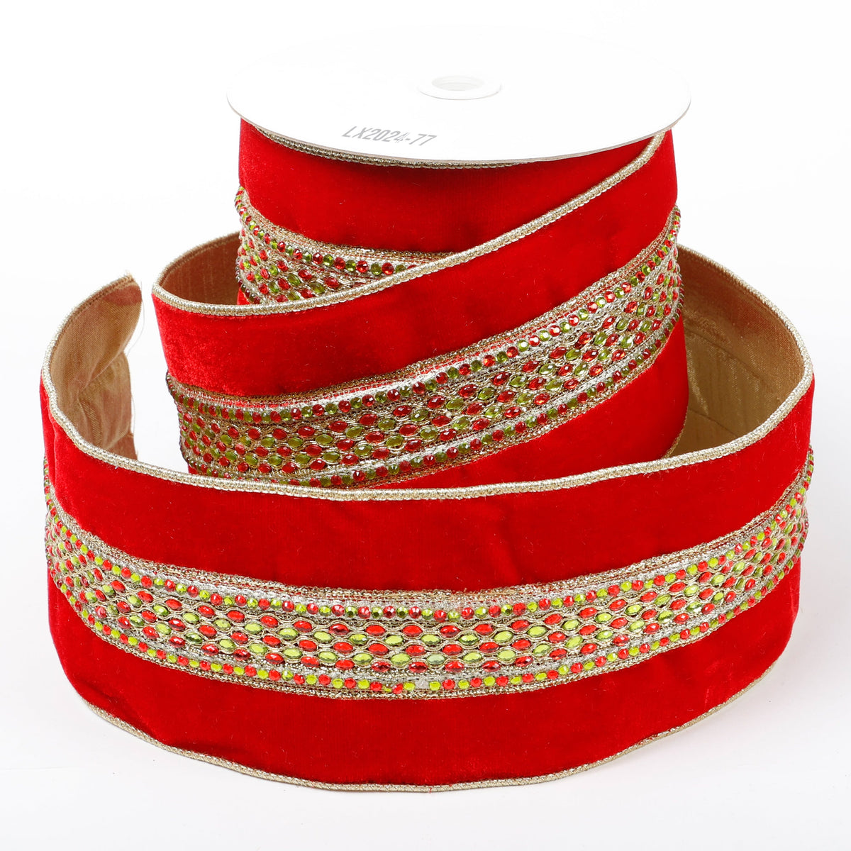 4" X 5 YDS RED VELVET BEADED GOLD DUPION BACKED RIBBON