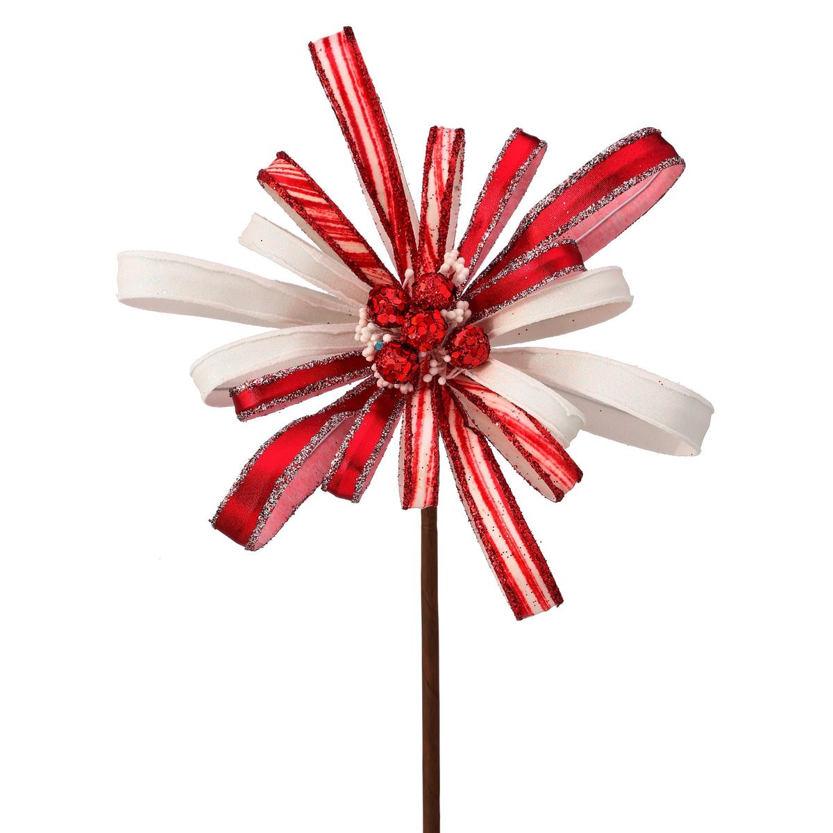 18" RED/WH MTC/GLR SWIRL RIBBON FLOWER SPRAY