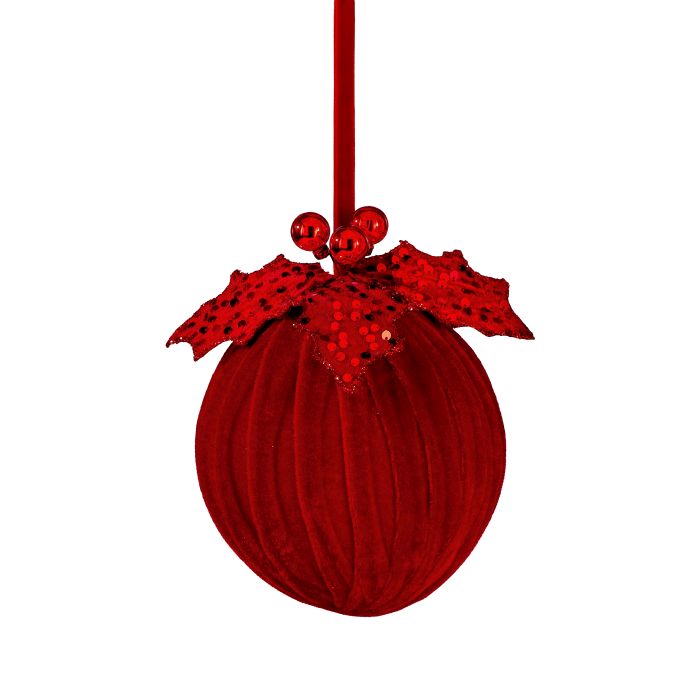 6" VELVET SEQUIN VELVET BALL W/HOLLY ORNAMENT