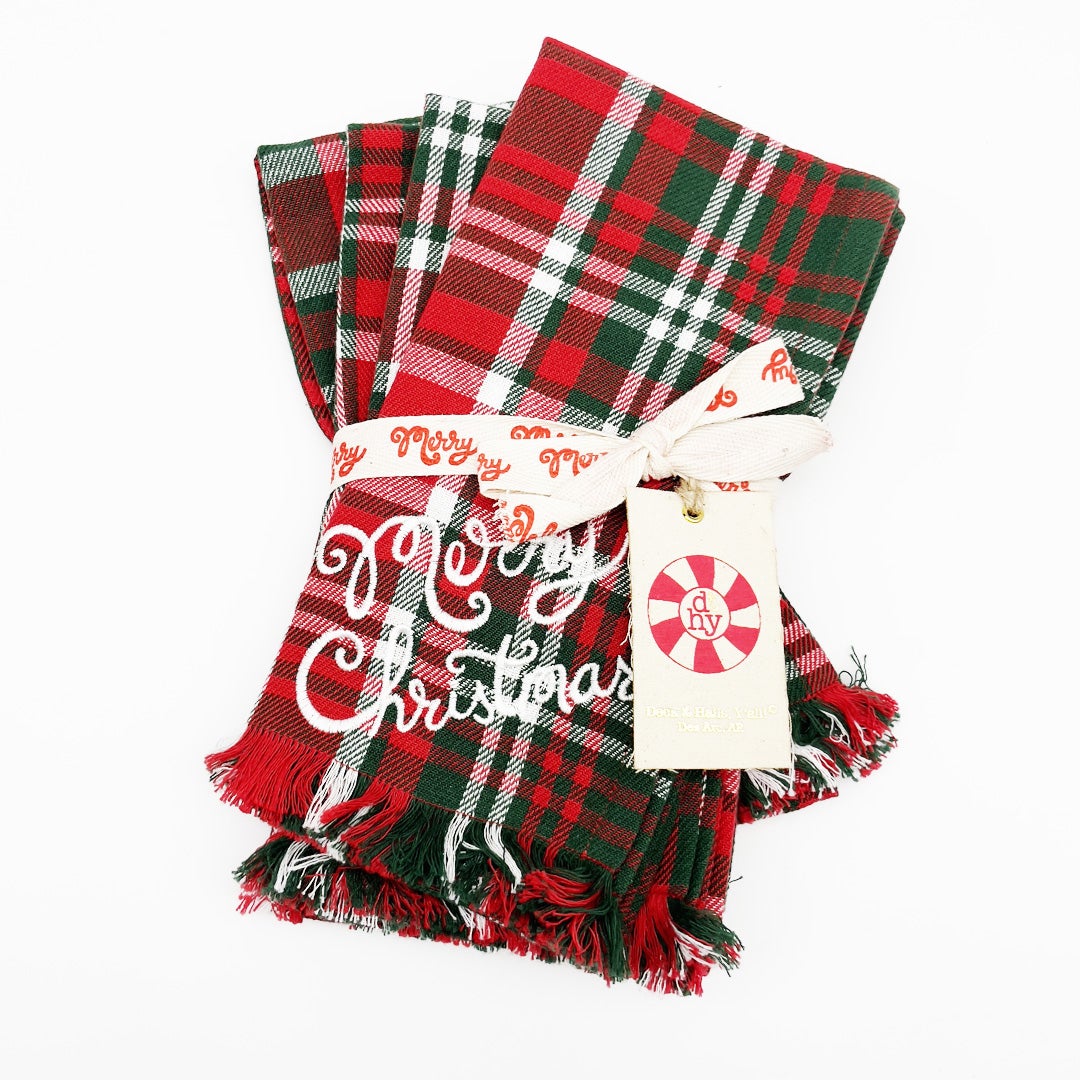 Set Of 4 Merry Christmas On Green Plaid Dinner Napkins