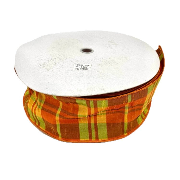 Orange, Green Plaid Ribbon - 4" X 100 Yards