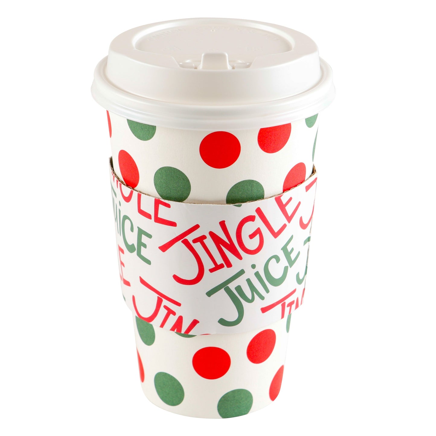 Set Of 8 Cups - Red/Green Polka Dot With Jingle Juice Sleeve Hot/Cold Cup With Lid