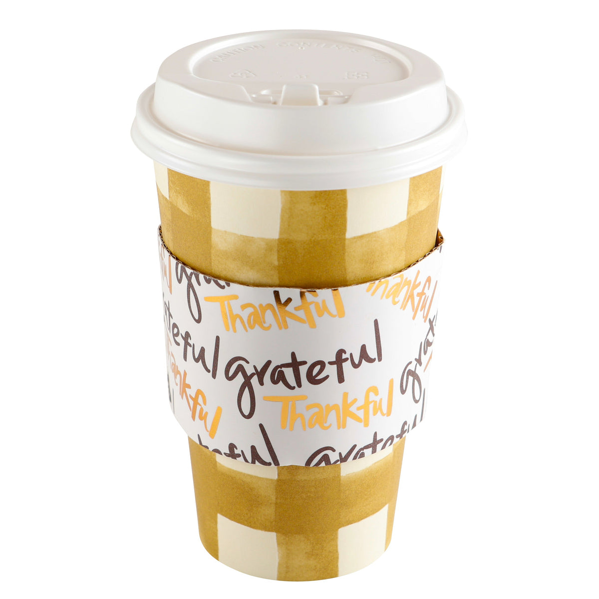Set Of 8 Cups - Brown Plaid With Thankful, Grateful Sleeve Hot/Cold Cups With Lids
