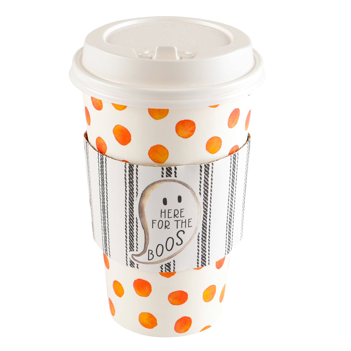 Set Of 8 Cups - Orange Polka Dot With Black Ticking Ghost Hot/Cold Cup With Lids