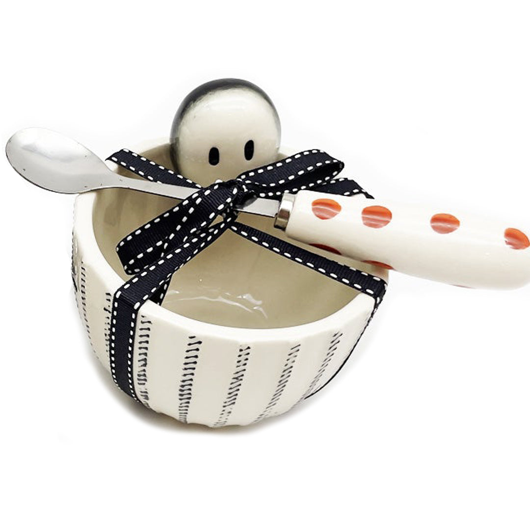 SET OF 2 Black/White Ticking Ghost Halloween Bowl With Spoon