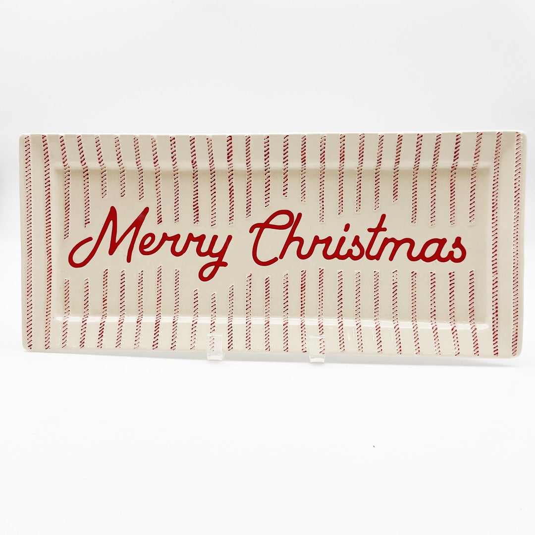 Red/White Ticking Merry Christmas Rec Platter