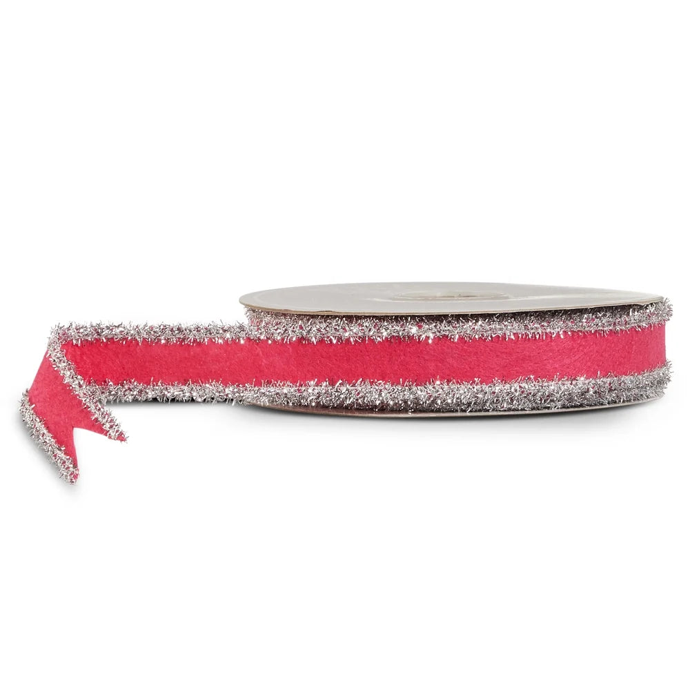 1" X 10 Yds Dark Pink and Silver Tinsel Felt Wired Ribbon