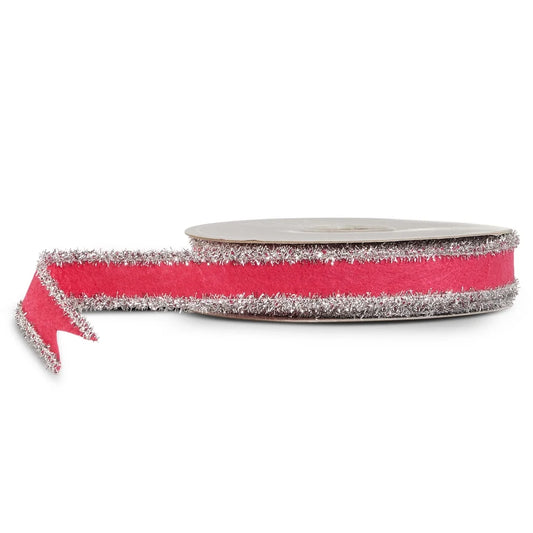 1" X 10 Yds Dark Pink and Silver Tinsel Felt Wired Ribbon
