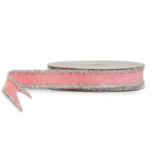 1" X 10 Yds Light Pink and Silver Tinsel Felt Wired Ribbon