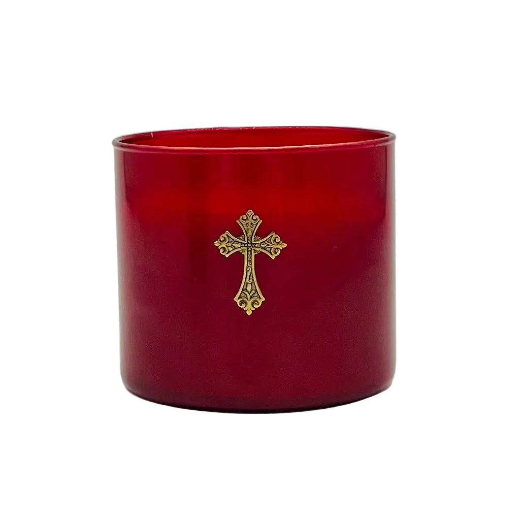 15OZ BLACKBERRY COBBLER 2 WICK CANDLE-RED GLASS WITH GOLD CROSS