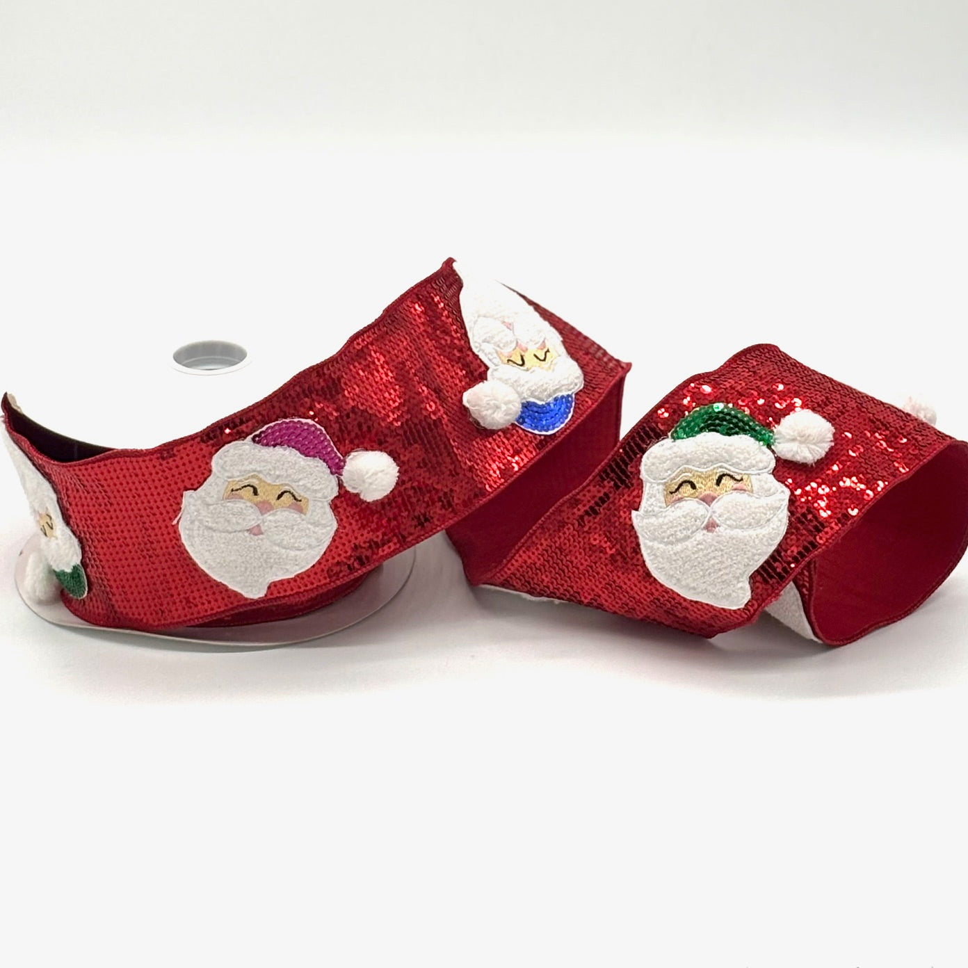 4" x 10YD SEQUIN EMBROIDERY ON RED SANTA PATCHES WITH DUPION BACKED RIBBON