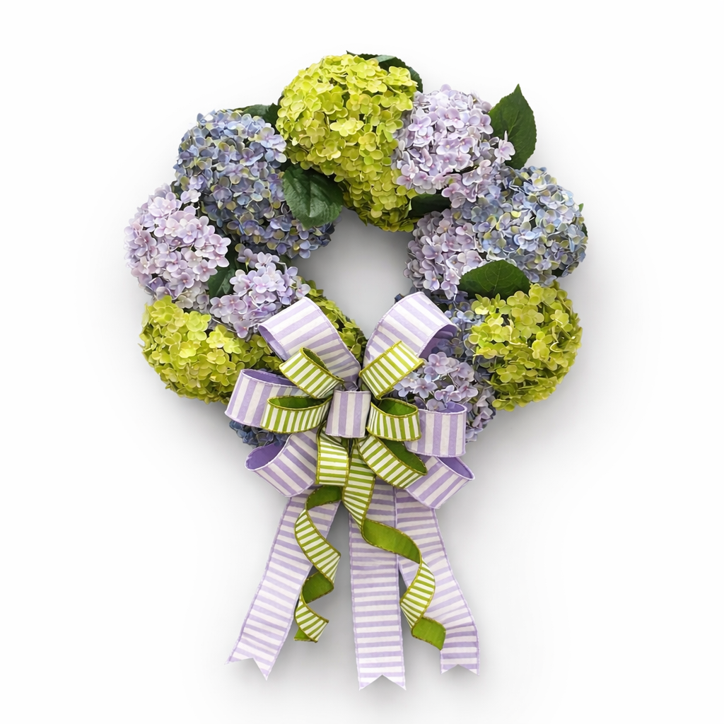 24" D GREEN AND PURPLE HYDRANGEA WREATH
