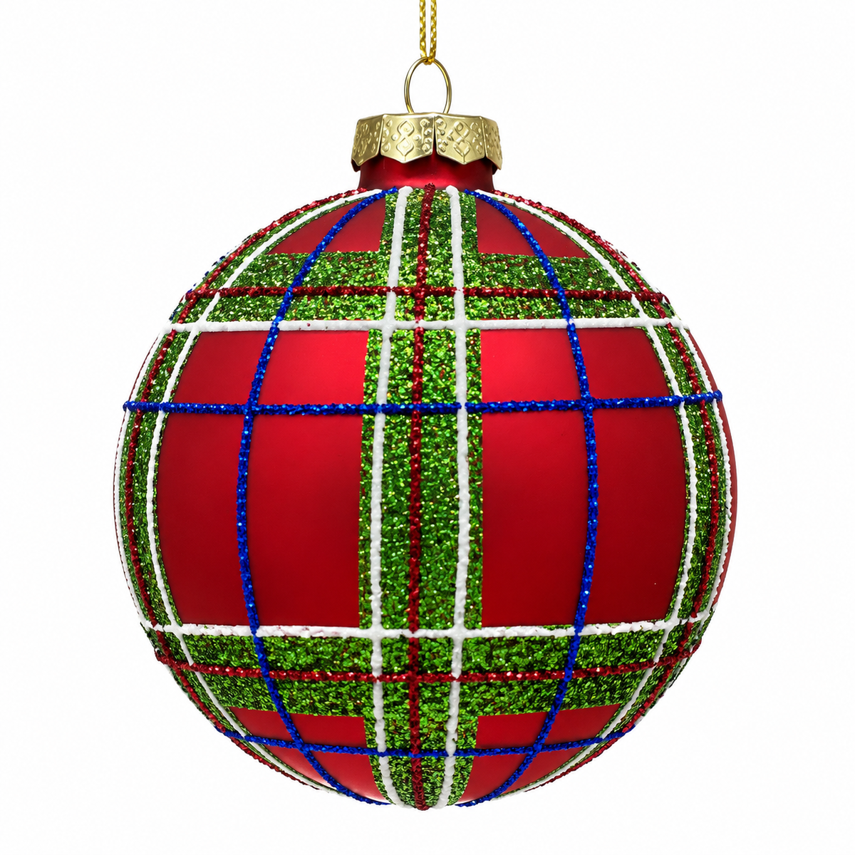 4" Diameter Red Glass Plaid Ornament-Ball