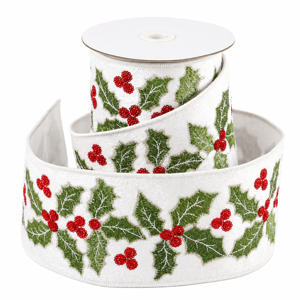 4" X 5 YDS WHITE VEL GREEN EMB HOLLY DUP BACK RIBBON