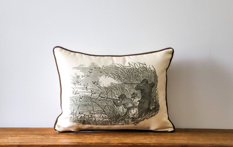 Duck Hunting Scene Pillow + Piping CHOCOLATE