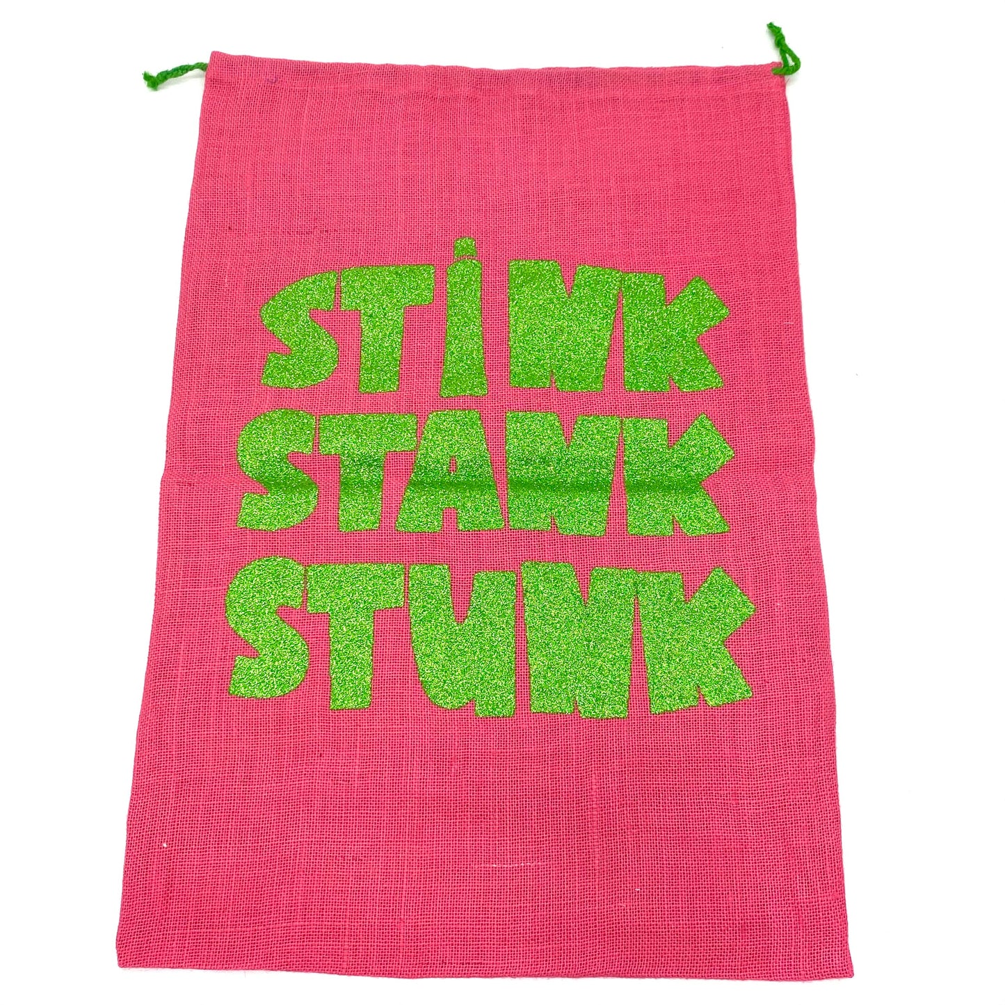 SANTA SACK WITH GLITTER PRINT IN PINK "STINK, STANK, STUNK" 19" x 28"