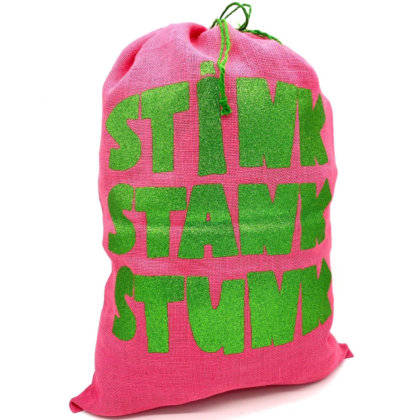 SANTA SACK WITH GLITTER PRINT IN PINK "STINK, STANK, STUNK" 19" x 28"