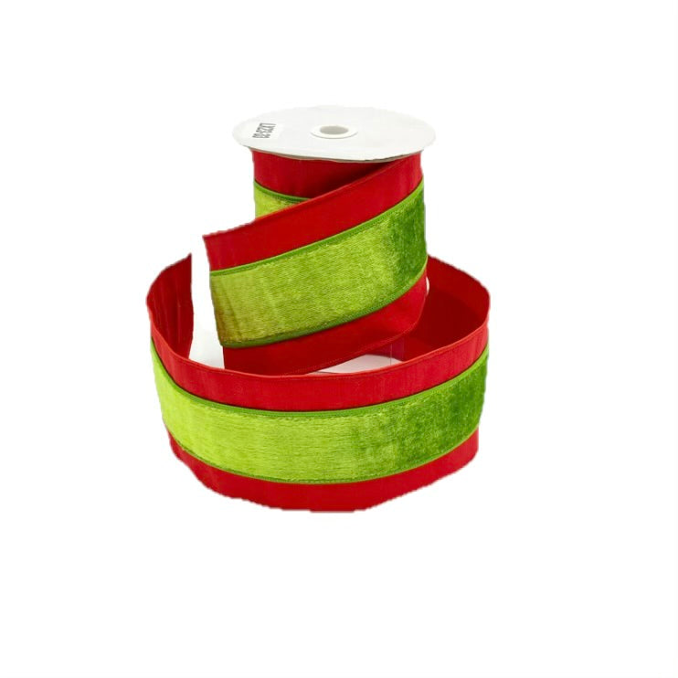 4" X 5 YDS RED DUP LIME GREEN VELVET STRIPE BACK RIBBON